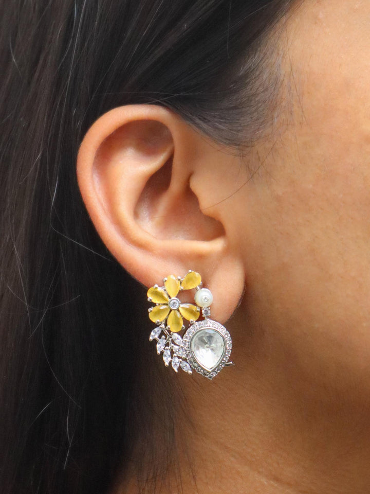 Chic Polki Contemporary Stud Earrings - by Live Some India in just A closeup image of a girl wearing Chic Polki Contemporary Stud Earrings - 1 by Live Some India