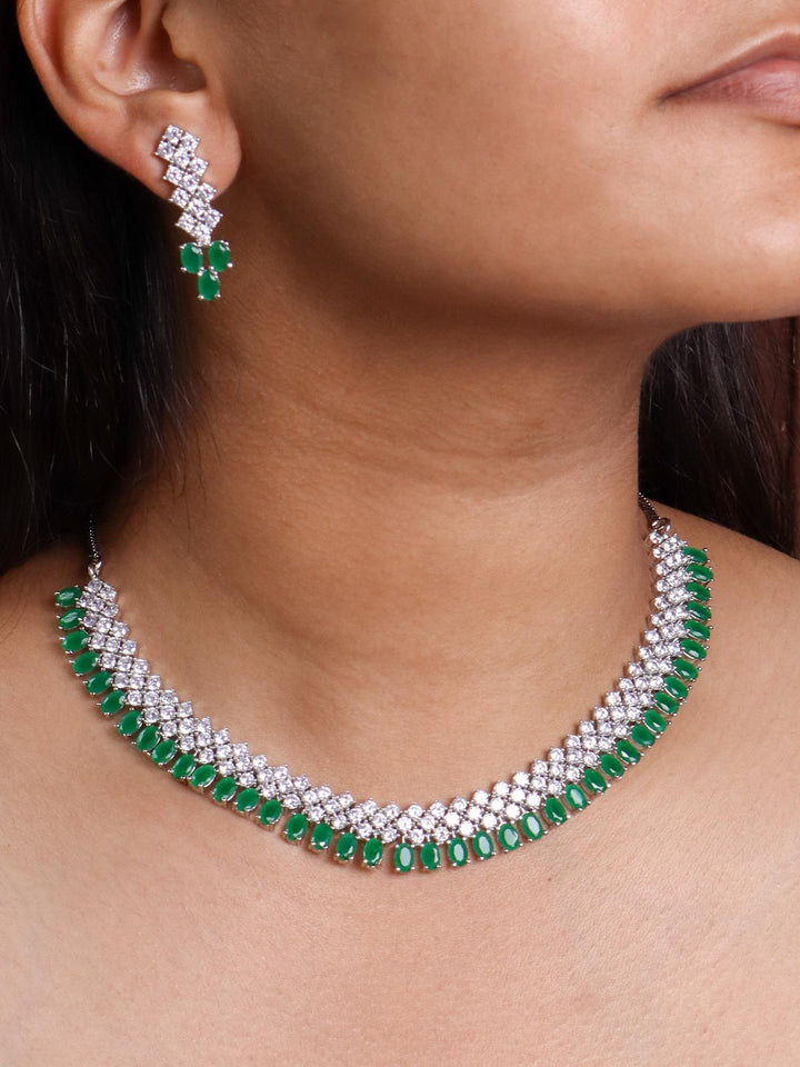 Classic Emerald Diamond Necklace Set - by Live Some India in just A closeup image of a girl wearing Classic Emerald Diamond Necklace Set - 1 by Live Some India