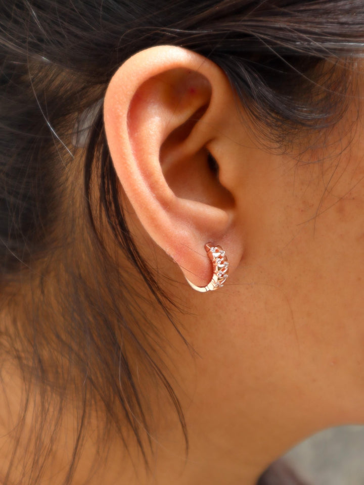 Crystal Studded Ladder Earrings - by Live Some India in just A closeup image of a girl wearing Rose Gold Statement Earrings - 1 by Live Some India