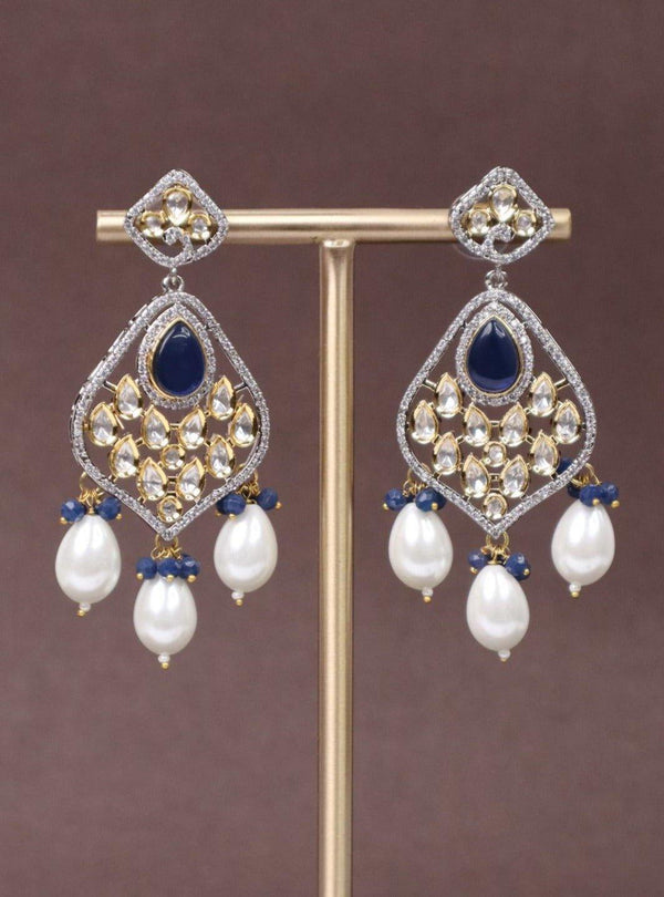 Dakshya Kundan Polki Dangler Earrings - by Live Some India in just A closeup image of Dakshya Blue Kundan Polki Dangler Earrings -1 by Live Some India