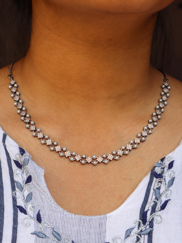 Deepti Pearl Necklace Set - by Live Some India in just A closeup image of a girl wearing Deepti Pearl Victorian Necklace by Live Some India