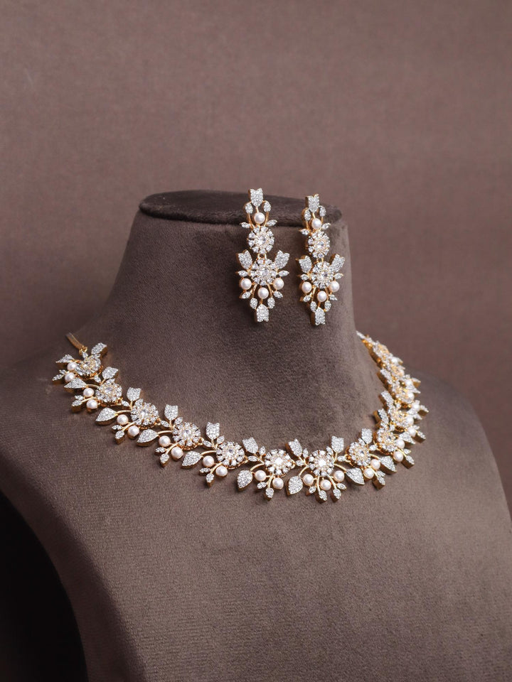 Designer Pearl Statement Necklace Set - by Live Some India in just A closeup image of Designer Pearl Statement Necklace Set by Live Some India on a brown dummy