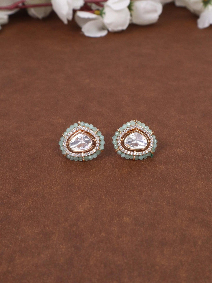 Dia Motif Kundan Polki Stud Earrings - by Live Some India in just Dia Motif Kundan Polki Stud Earrings - by Live Some India in just Dia Motif Kundan Polki Stud Earrings - by Live Some India in just A closeup image of Dia Motif Green Kundan Polki Stud Earrings by Live Some India on a grey tray