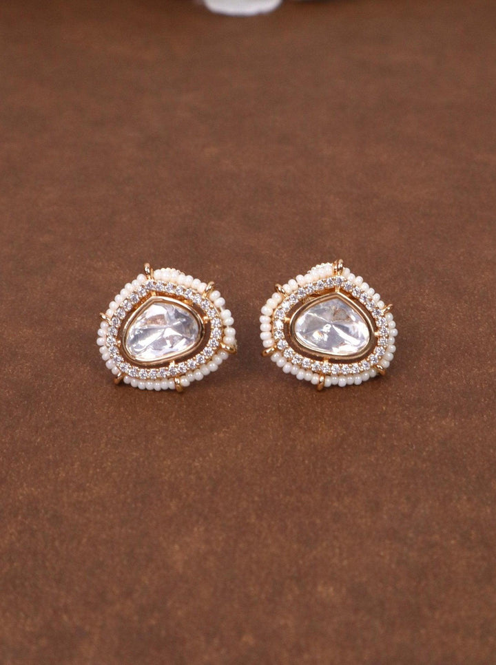 Dia Motif Kundan Polki Stud Earrings - by Live Some India in just Dia Motif Kundan Polki Stud Earrings - by Live Some India in just Dia Motif Kundan Polki Stud Earrings - by Live Some India in just A closeup image of Dia Motif White Kundan Polki Stud Earrings by Live Some India on a grey tray