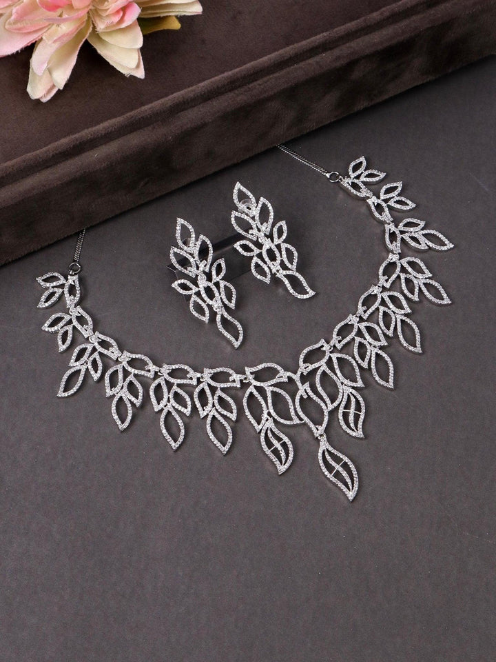 Diana Leaf Diamond Necklace Set - by Live Some India in just A closeup image of Diana Leaf Diamond Necklace Set by Live Some India on a black background