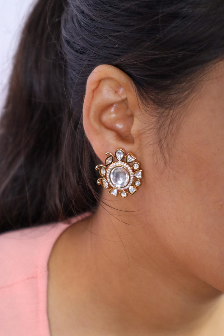 Diva Kundan Polki Stud Earrings - by Live Some India in just Diva Kundan Polki Stud Earrings - by Live Some India in just A closeup image of a girl wearing Diva Kundan Polki Stud Earrings -1 by Live Some India