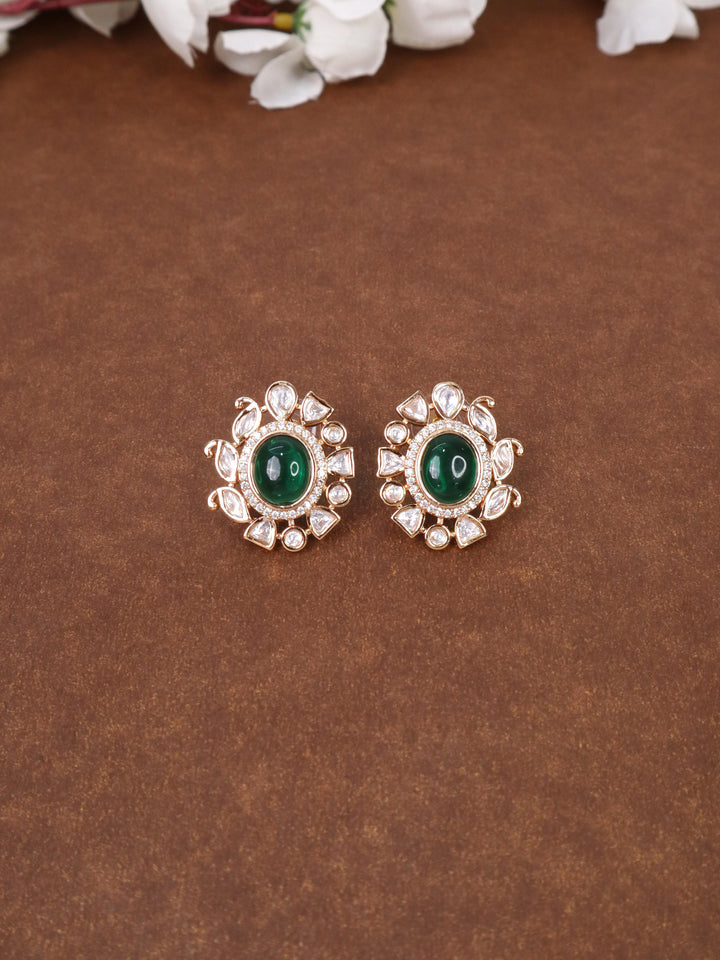 Diva Kundan Polki Stud Earrings - by Live Some India in just Diva Kundan Polki Stud Earrings - by Live Some India in just A closeup image of Diva Green Kundan Polki Stud Earrings by Live Some India on a grey tray