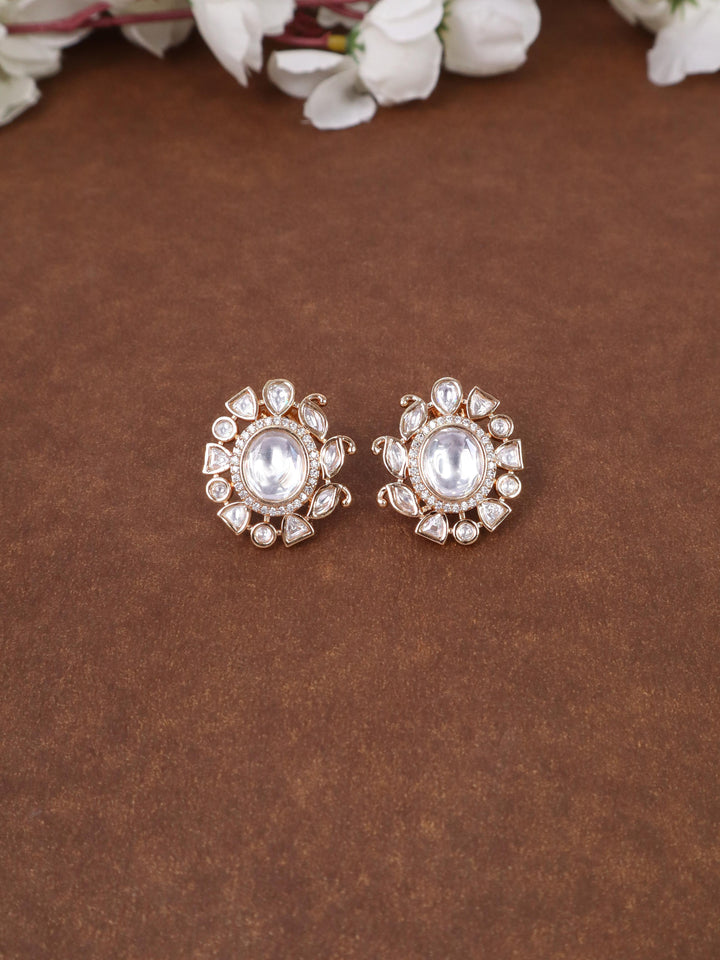 Diva Kundan Polki Stud Earrings - by Live Some India in just Diva Kundan Polki Stud Earrings - by Live Some India in just A closeup image of Diva White Kundan Polki Stud Earrings by Live Some India on a grey tray