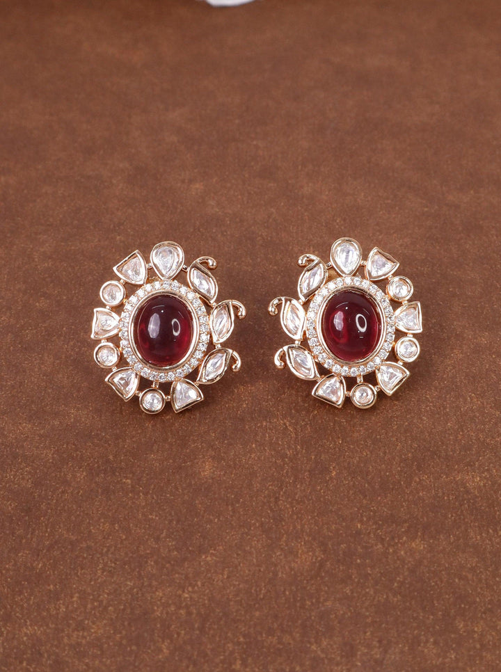 Diva Kundan Polki Stud Earrings - by Live Some India in just Diva Kundan Polki Stud Earrings - by Live Some India in just A closeup image of Diva Red Kundan Polki Stud Earrings by Live Some India on grey tray