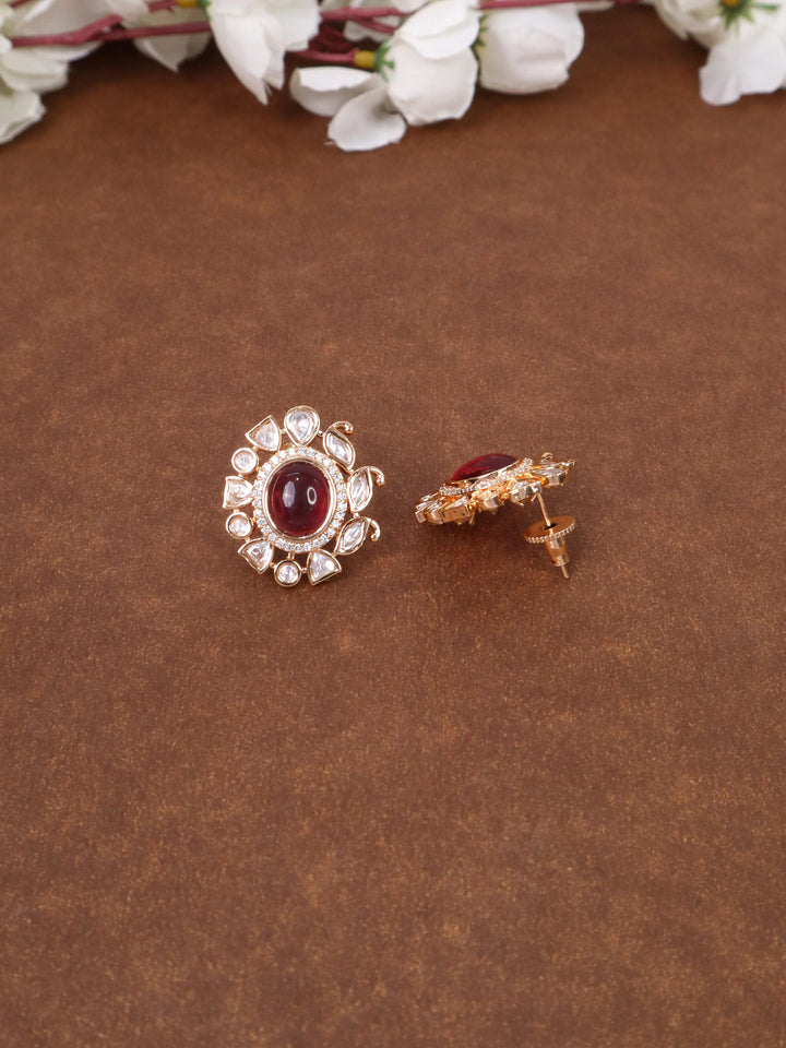 Diva Kundan Polki Stud Earrings - by Live Some India in just Diva Kundan Polki Stud Earrings - by Live Some India in just A closeup image of Diva Red Kundan Polki Stud Earrings 1 by Live Some India on grey tray