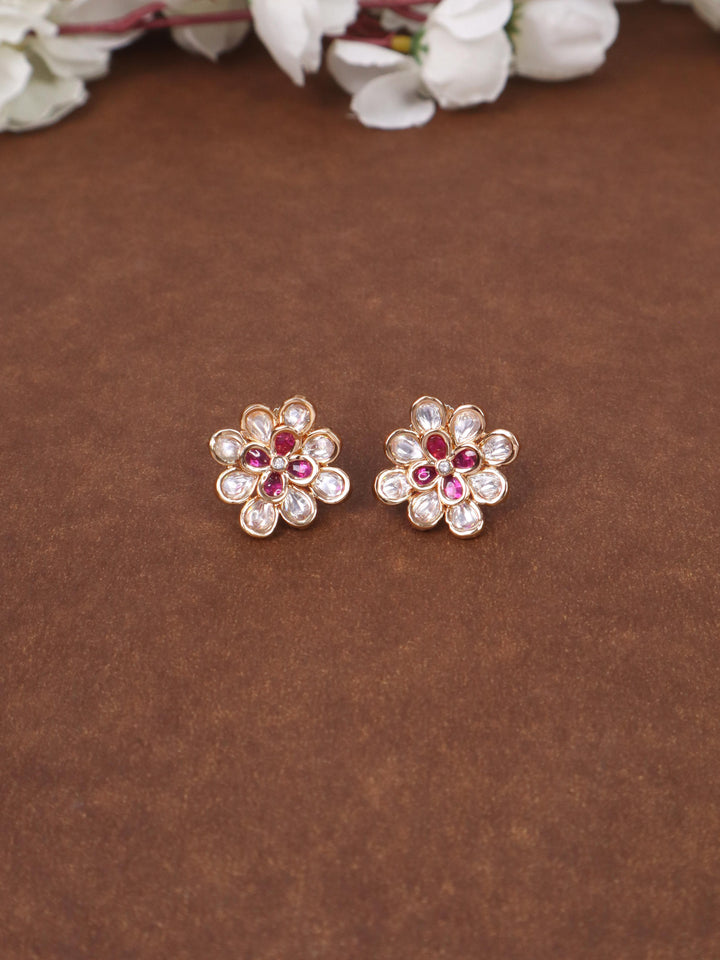 Diya Kundan Polki Stud Earrings - by Live Some India in just Diya Kundan Polki Stud Earrings - by Live Some India in just A closeup image of Diya Red Kundan Polki Stud Earrings by Live Some India on a grey tray