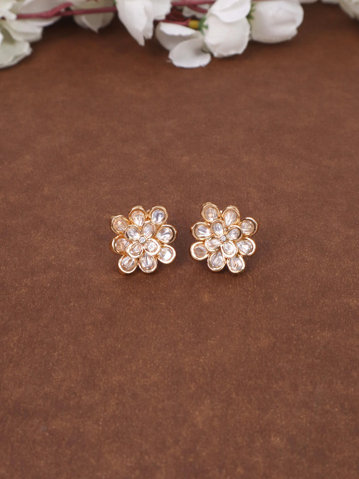 Diya Kundan Polki Stud Earrings - by Live Some India in just Diya Kundan Polki Stud Earrings - by Live Some India in just A closeup iameg of Diya Kundan Polki Stud Earrings by Live Some India on a grey tray