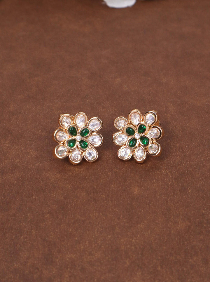 Diya Kundan Polki Stud Earrings - by Live Some India in just Diya Kundan Polki Stud Earrings - by Live Some India in just A closeup image of Diya Green Kundan Polki Stud Earrings by Live Some India on a grey tray