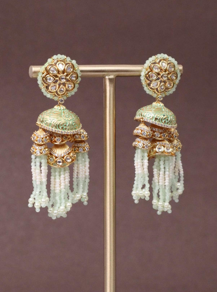 Elegant Dome Kundan Polki Jhumka Earrings - by Live Some India in just A closeup image of Elegant Green Dome Kundan Polki Jhumka Earrings -1 by Live Some India