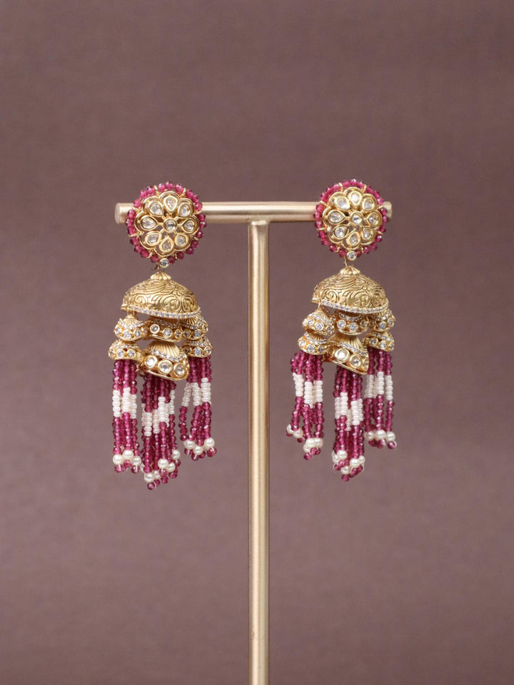 Elegant Dome Kundan Polki Jhumka Earrings - by Live Some India in just A closeup image of Elegant Red Dome Kundan Polki Jhumka Earrings -1 by Live Some India