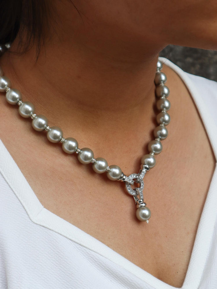 Elegant Three Way Pearl Necklace Set - by Live Some India in just A closeup image of a girl wearing Elegant Three Way Pearl Necklace by Live Some India