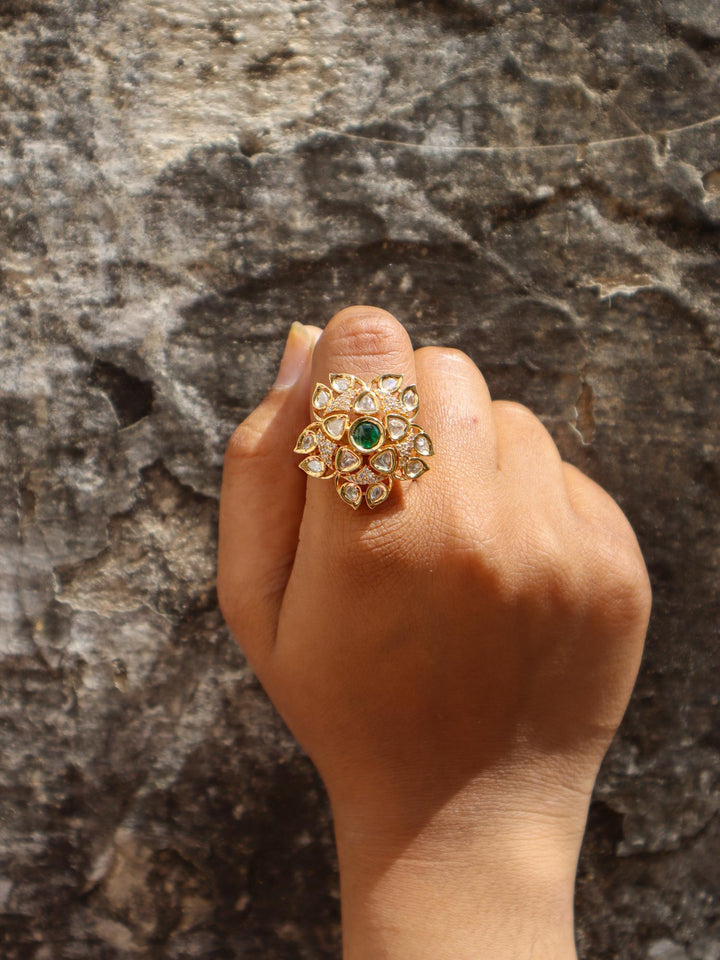 Gauri Kundan Polki Ring - by Live Some India in just A closeup image of a girl wearing Gauri Kundan Polki Ring by Live Some India