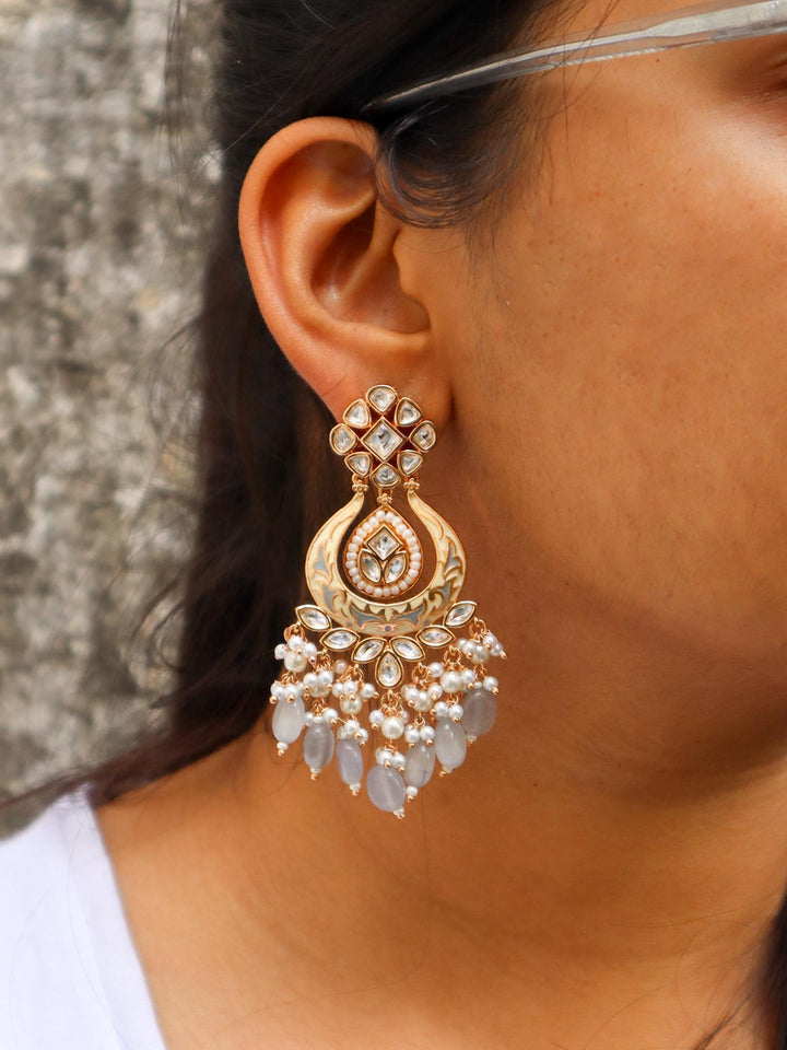 Grey Pearl Kundan Polki Dangler Earrings - by Live Some India in just A closeup image of a girl wearing Grey Pearl Kundan Polki Dangler Earrings -1 by Live Some India