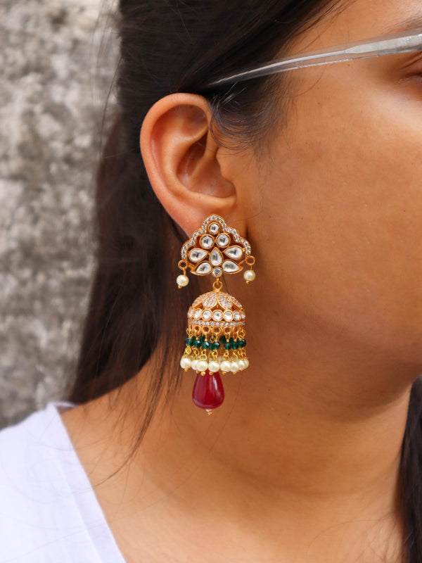 Heera Kundan Polki Jhumka Earrings - by Live Some India in just A closeup image of a girl wearing Heera Red Kundan Polki Jhumka Earrings by Live Some India