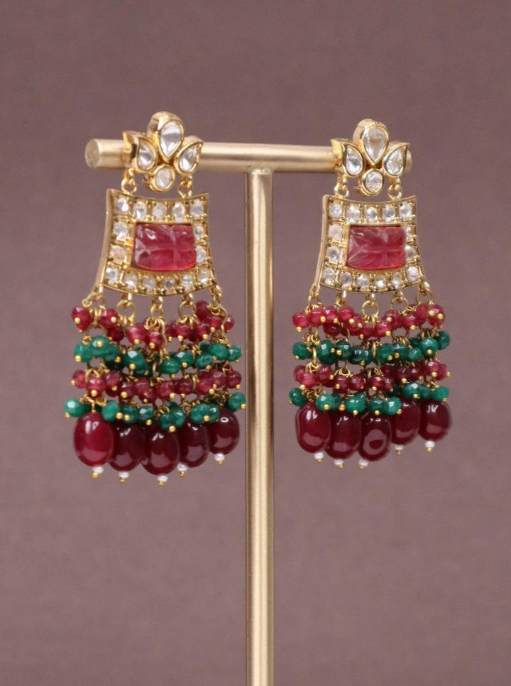 Lotus Drop Kundan Polki Dangler Earrings - by Live Some India in just A closeup image of Lotus Drop Red Kundan Polki Dangler Earrings -1 by Live Some India