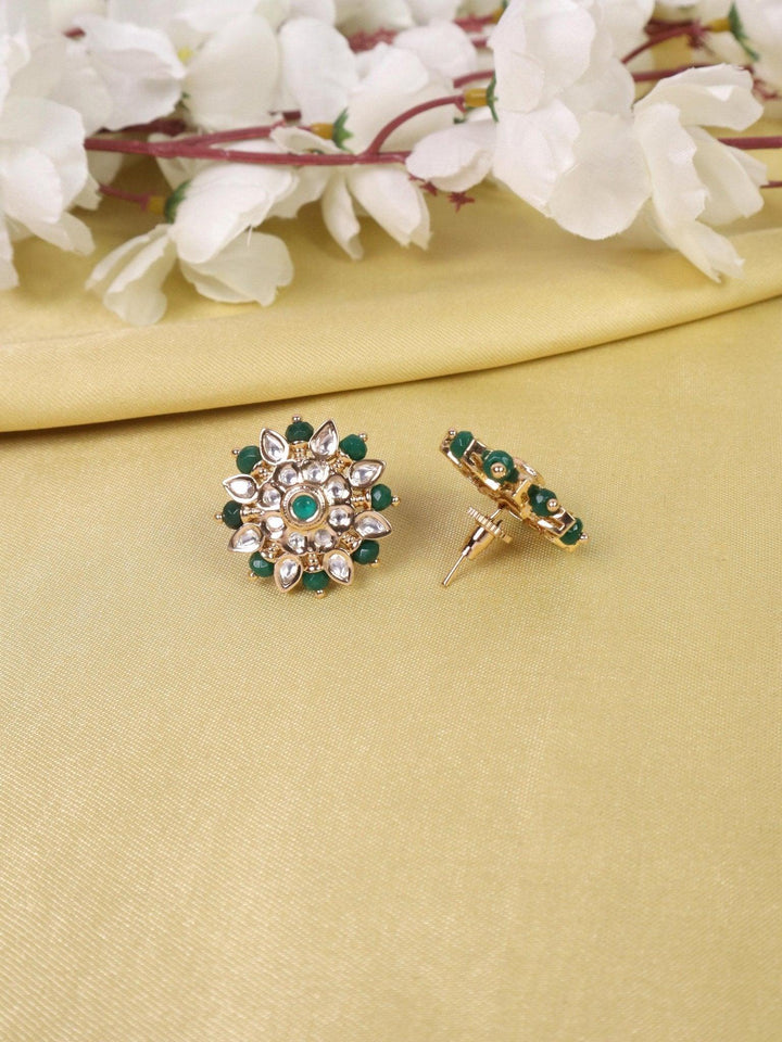 Maria Kundan Polki Stud Earrings - by Live Some India in just A closeup image of Maria Kundan Polki Green Stud Earrings -1 by Live Some India