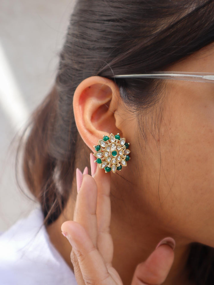 Maria Kundan Polki Stud Earrings - by Live Some India in just A closeup image of Maria Kundan Polki Stud Earrings by Live Some India