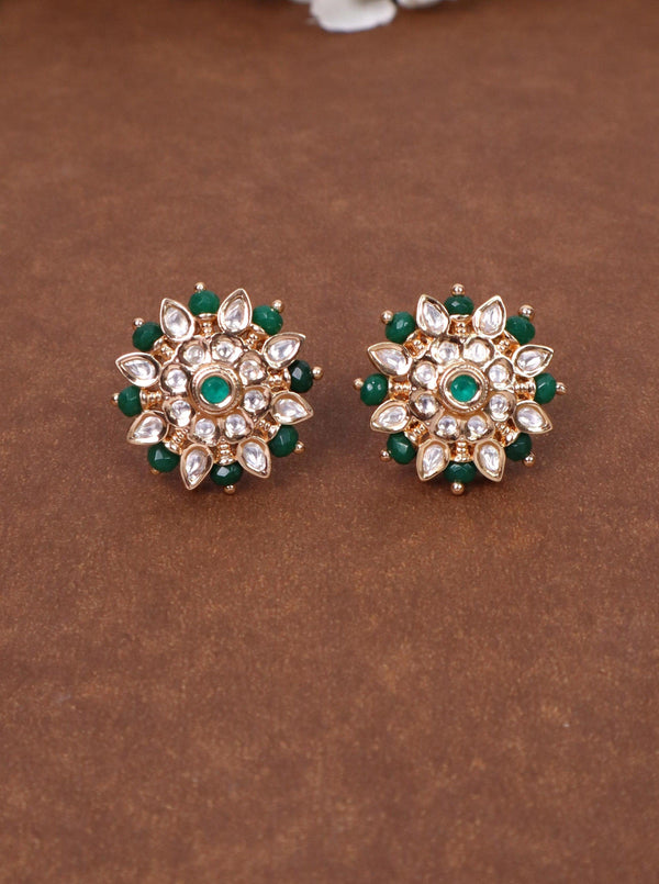 Maria Kundan Polki Stud Earrings - by Live Some India in just A closeup iamge of Maria Kundan Polki Green Stud Earrings by Live Some India