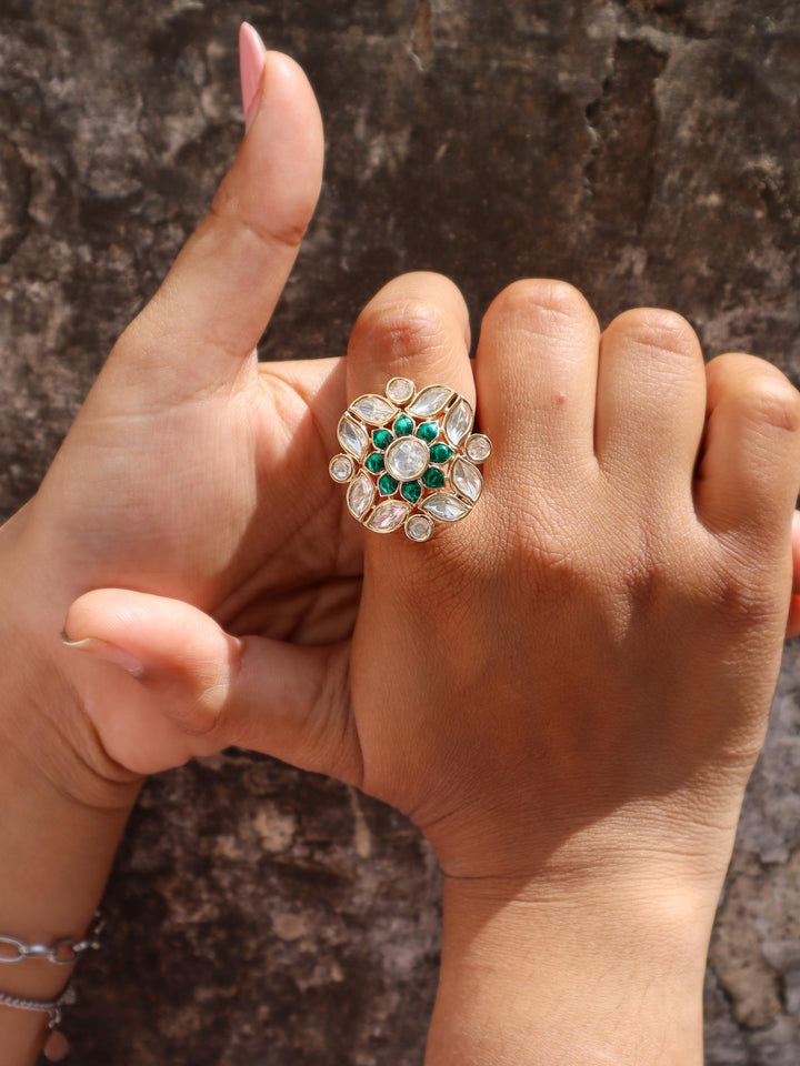 Mehar Meenakari Kundan Polki Ring - by Live Some India in just A closeup image of a girl wearing Mehar Kundan Polki Ring by Live Some India