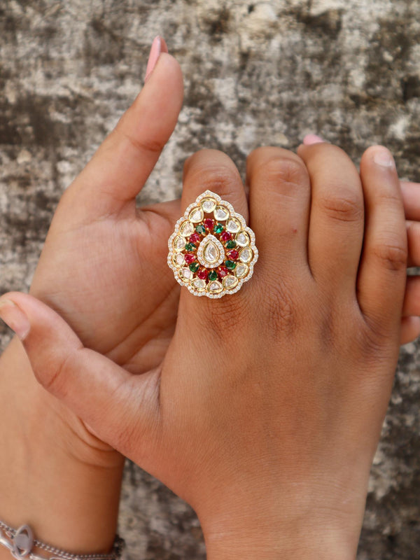 Naina Kundan Polki Ring - by Live Some India in just A closeup image of a girl wearing Naina Kundan Polki Ring by Live Some India