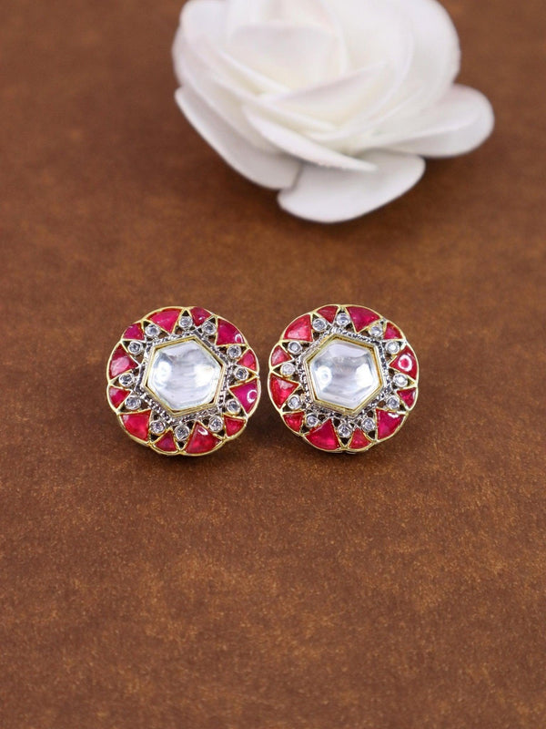 Naru Kundan Polki Earrings - by Live Some India in just A closeup image of Dainty Red Kundan Polki Earrings by Live Some India on a brown background with a white rose