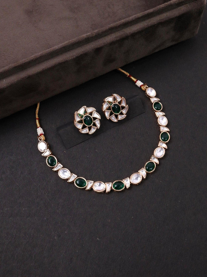 Delicate Green Stone Kundan Polki Necklace Set - by Live Some India in just Delicate Kundan Polki Necklace by Live Some India on a black background