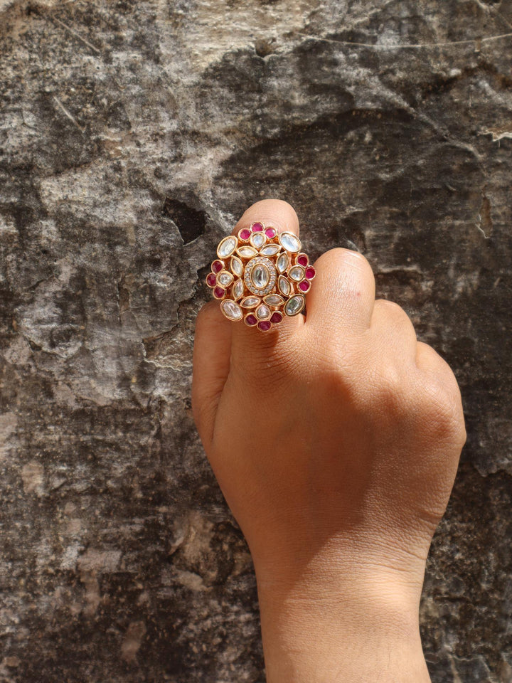 Inaya Kundan Polki Ring - by Live Some India in just A closeup image of a girl wearing Inaya Kundan Polki Ring by Live Some India