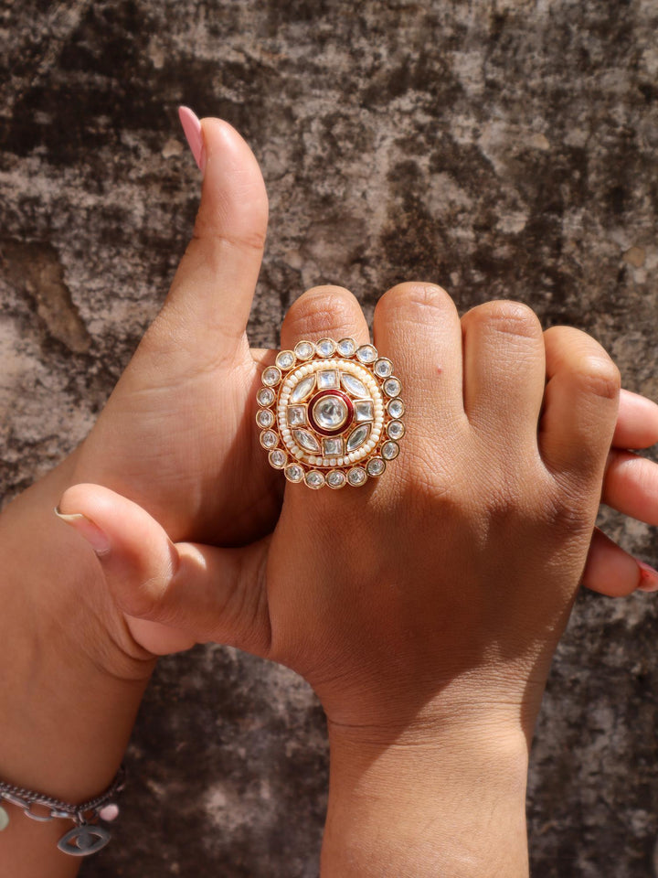 Vanya Kundan Polki Ring - by Live Some India in just A closeup image of a girl wearing Vanya Kundan Polki Ring by Live Some India